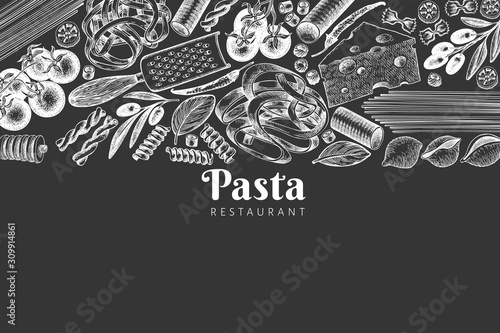 Italian pasta wits additions design template. Hand drawn vector food illustration on chalk board. Engraved style. Vintage pasta different kinds background.