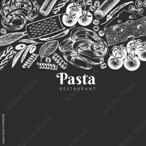 Italian pasta wits additions design template. Hand drawn vector food illustration on chalk board. Engraved style. Vintage pasta different kinds background.
