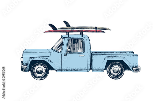 Hand drawn pickup car with surfboards on a roof