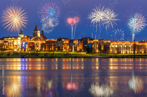 New year celebrate fireworks over Old Town of Grudziadz. Poland, Europe