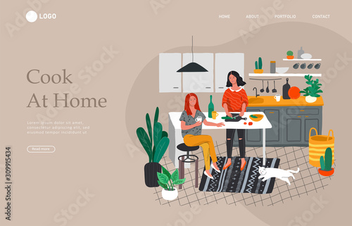 Landing page template with Girlfriends preparing dinner in kitchen drink coffee and talking. Daily life and everyday routine scene by young woman in scandinavian style cozy interior. Cartoon vector