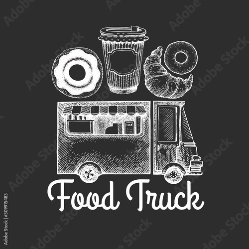 Street food coffee van logo template. Hand drawn vector truck with fast food pastry illustrations on chalk board. Engraved style donuts and croissant truck retro design.