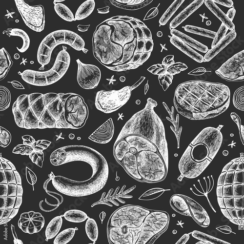 Vintage vector meat products seamless pattern. Hand drawn ham, sausages, jamon, steak, spices and herbs. Raw food ingredients. Retro illustration. Can be use for label, restaurant menu.
