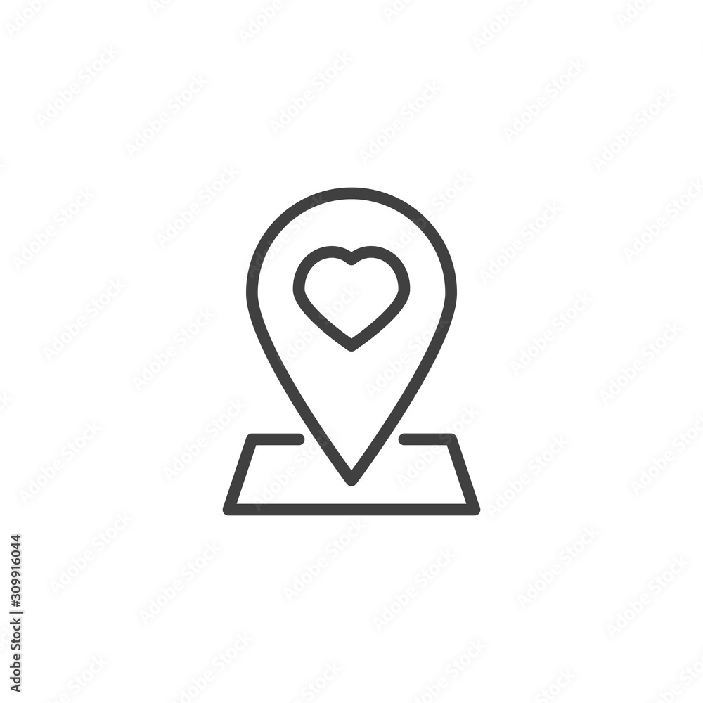 Map pointer with heart line icon. Heart map pin linear style sign for mobile concept and web design. Rendezvous meeting placeholder outline vector icon. Symbol, logo illustration. Vector graphics Map pointer with heart line icon. Heart map pin linear style sign for mobile concept and web design. Rendezvous meeting placeholder outline vector icon. Symbol, logo illustration. Vector graphics