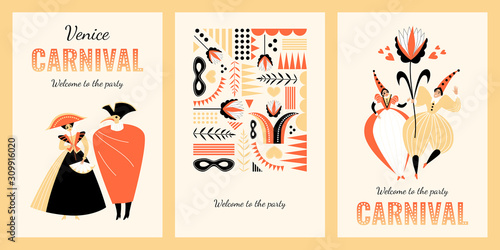 Venice Carnival banners or flyers  with funny characters in traditional  Italian costumes and headdresses.