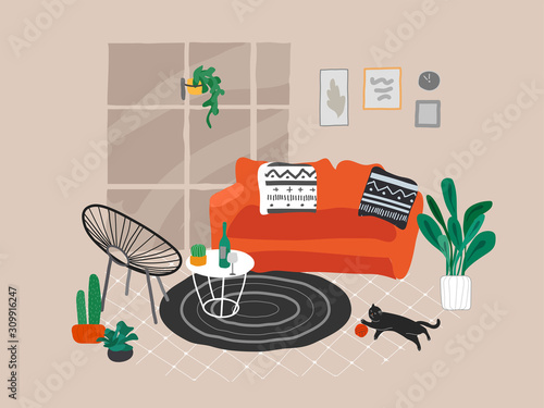 Girl girl sitting and resting on the couch with a cat and coffee. Daily life and everyday routine scene by young woman in scandinavian style cozy interior with homeplants. Cartoon vector