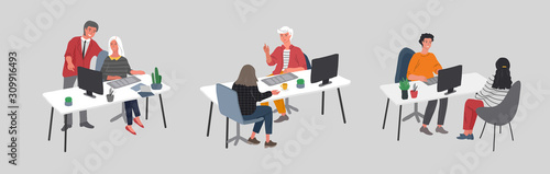 Group employees communicate or talk with a client or talk between teamwork or meeting, brainstorm. Successful business of young trendy people. Vector cartoon concept