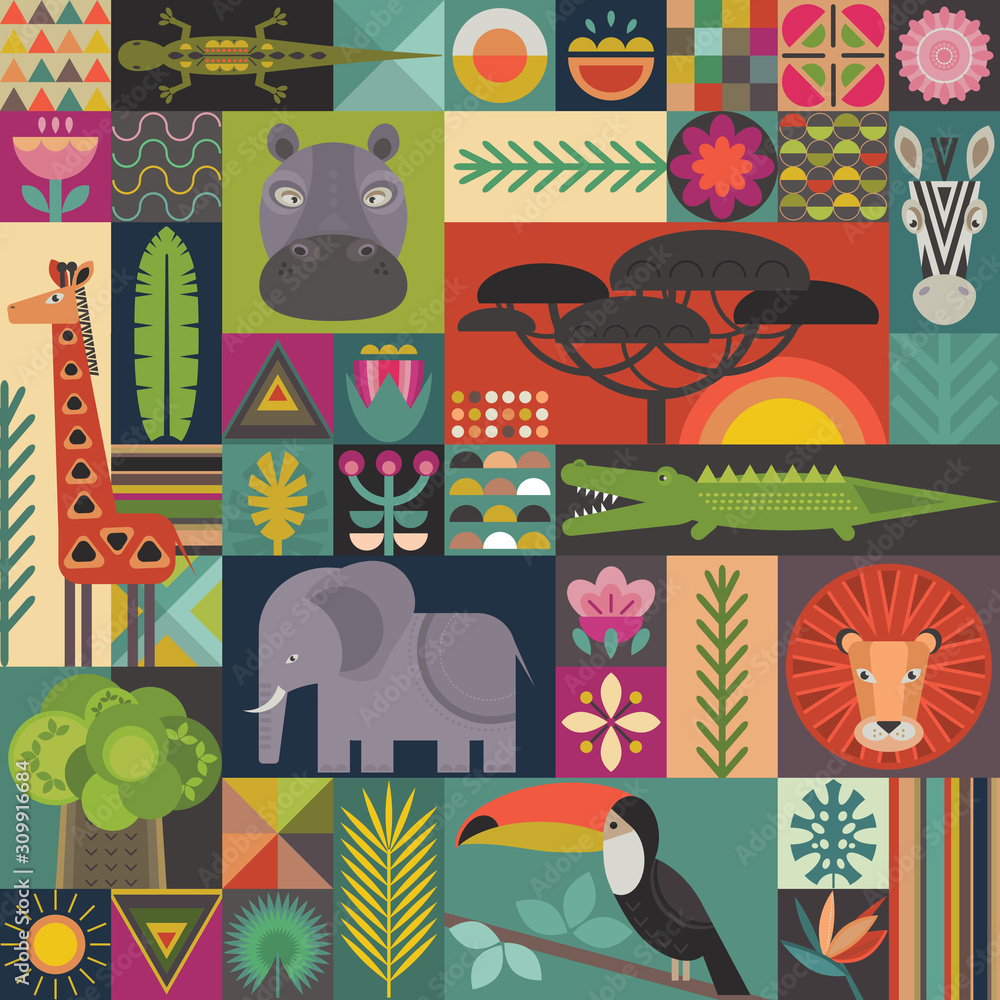 Naklejka premium Vector seamless pattern with geometric cartoon African animals, jungle plants and trees. Patchwork mosaic design.