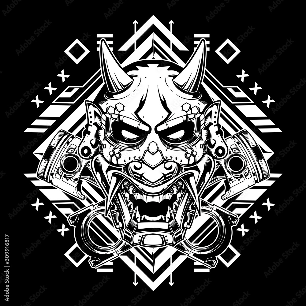 Japanese demon mask with tribal sacred geometry suitable for t-shirt, tank tops, mugs, phone cases, stickers, posters. Vector illustration. Culture objects black and white style