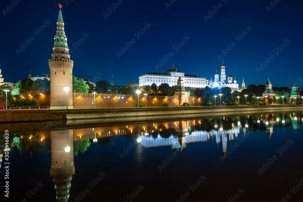 Russia. Moscow. Night Kremlin. Embankment of the Moscow River. Grand Kremlin Palace. Kremlin embankment. Night Tours in Moscow. Sights of the cities of Russia. Tour to the capital. Russia town.