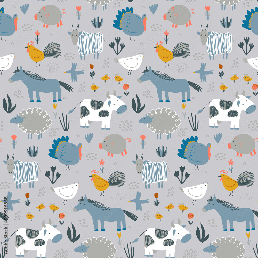 custom made wallpaper toronto digitalVector seamless pattern with cute hand drawn farm animals.