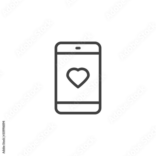 Smartphone with heart display line icon. linear style sign for mobile concept and web design. Mobile phone with heart on screen outline vector icon. Symbol, logo illustration. Vector graphics