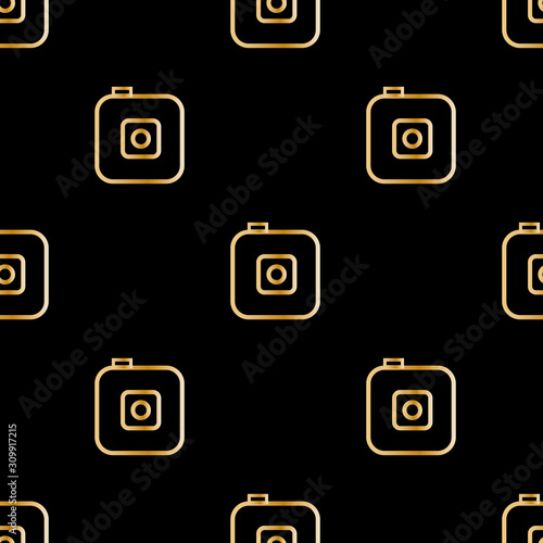 Elegant seamless pattern with golden camera silhouettes on the black background. Photographer ornament for banner, visit card, wrapping paper, packaging, textile. Vector illustration