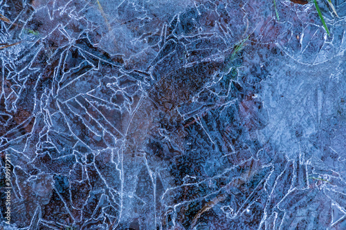The macro or closeup shot of ice texture or background on the puddle or pool in the frost winter weather