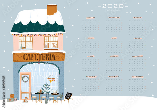 Wall calendar. 2020 Yearly Planner with all Months. Good Organizer and Schedule. Cute winter house background. Motivational quote lettering. Flat vector illustration in trendy style