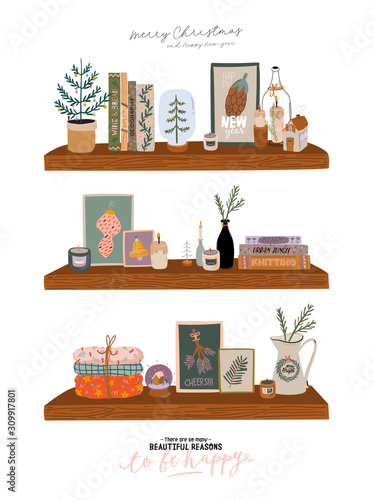 Scandinavian interior - bookshalf with home winter decorations. Cozy holiday season. Cute illustration and Christmas typography in Hygge style. Vector. Isolated.