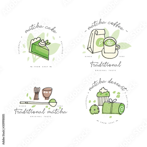 Matcha tea linear design elements, set of matcha products emblems, symbols, icons or tea, coffee or dessert labels and badges collection