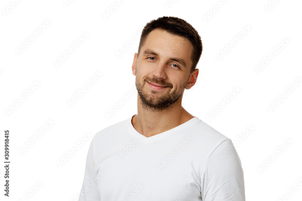 Close-up portrait of smiling handsome bearded man in white shirt looking at camera isolated on white background Close-up portrait of smiling handsome bearded man in white shirt looking at camera isolated on white background