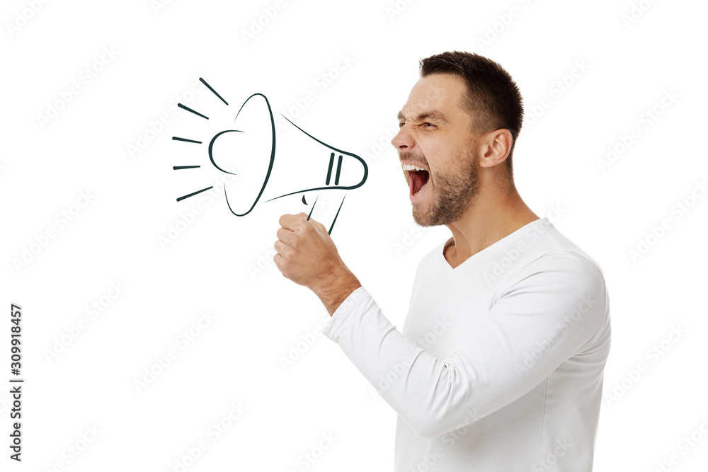 handsome young bearded man holding megaphone and shouting on white background handsome young bearded man holding megaphone and shouting on white background