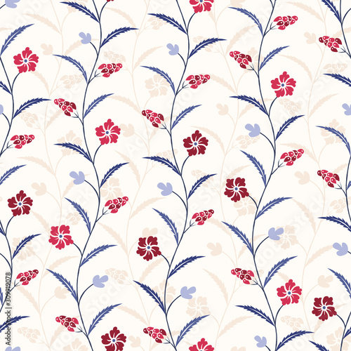 Blue and Red Traditional Trailing Flowers Chintz Vector Seamless Pattern. Classic Background photo