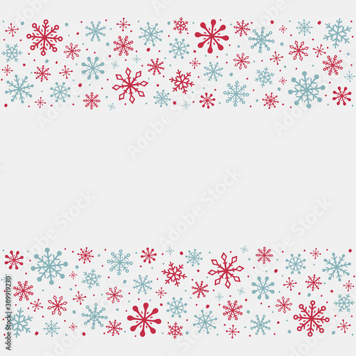 Winter background with hand drawn snowflakes and copyspace. Christmas decoration. Vector