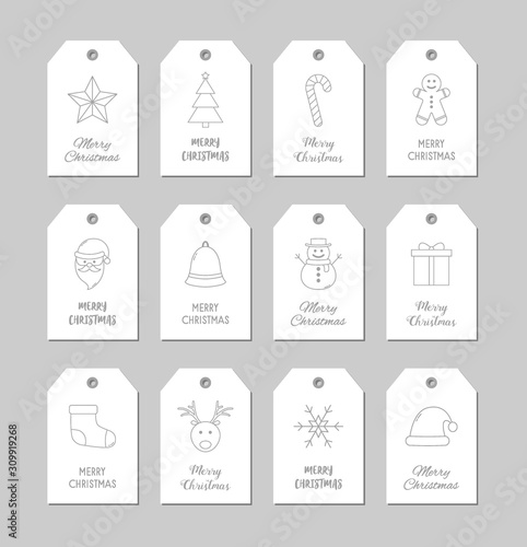 Minimalist Christmas gift tags with ornaments and greetings. Vector