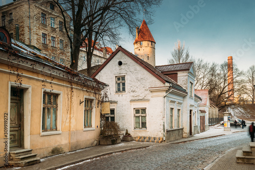 Tallinn, Estonia. View Of Uus Street In Tallinn Old Town In Winter Day photo