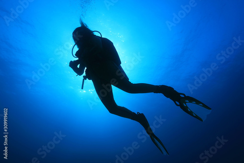 Silhouette of female scuba diver