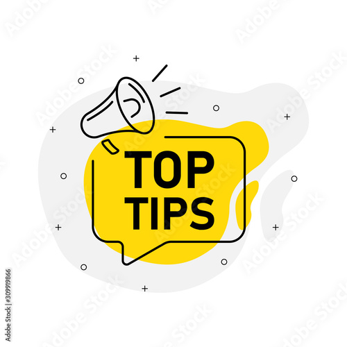 Top tips of marketing design badge with loudspeaker yellow color. Vector illustration on white background.