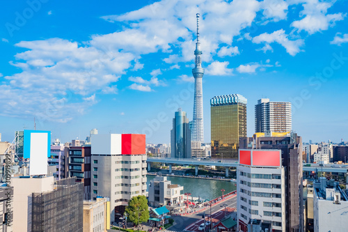 Japan. Tokyo. Tokyo Sky Tree on a summer day. Japanese architecture. Tokyo panorama view from above. Television tower view from a quadcopter. Japanese buildings. Trip to Japan. City landscape