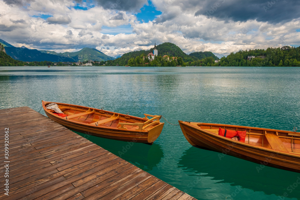Wooden rent boats on a Bled lake