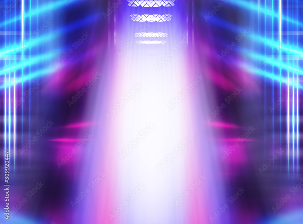 Open elevator doors close-up, neon lights on a dark abstract background. Empty stage in the club Open elevator doors close-up, neon lights on a dark abstract background. Empty stage in the club