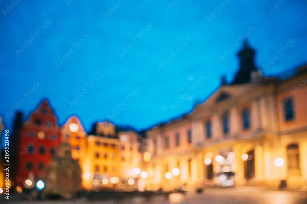 Naklejka premium Stockholm, Sweden. Swedish Academy and Nobel Museum In Old Square Stortorget In Gamla Stan. Abstract Boke Bokeh Background. Design Backdrop