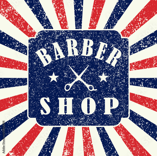 Vintage grunge Barber Shop seamless pattern texture. Vector illustration image. Diagonal white, red, blue stripe background. Classic american beard, hair, barbershop sign, icon, logo, symbol template.