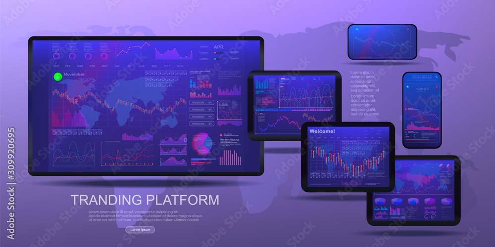Set of electronic screens with analysis and a graph of personal data for managing a remote business. Modern marketplace