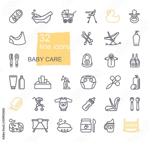 Linear icons on the theme of child care. Feeding and bathing of newborns