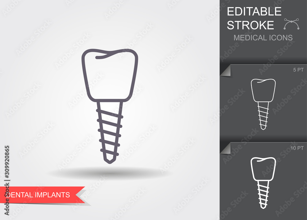 Dental implant. Line icon with editable stroke with shadow Dental implant. Line icon with editable stroke with shadow