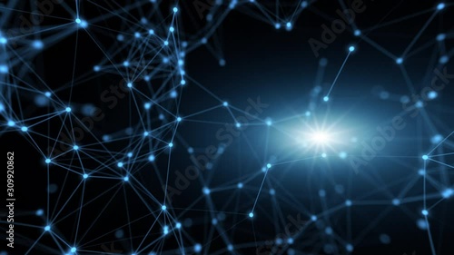 Technology network and communication with line and dot moving with transfer information data line and dot on blue background. Abstract connection concept. 4K