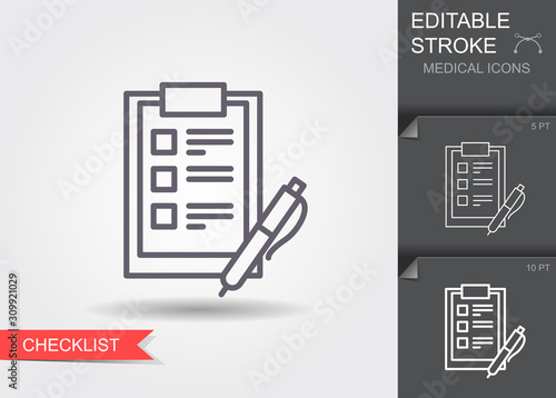 Checklist with a pen. Line icon with editable stroke with shadow