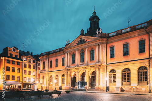 Stockholm, Sweden. Famous Old Swedish Academy and Nobel Museum In Old Square Stortorget In Gamla Stan. Famous Landmarks And Popular Place