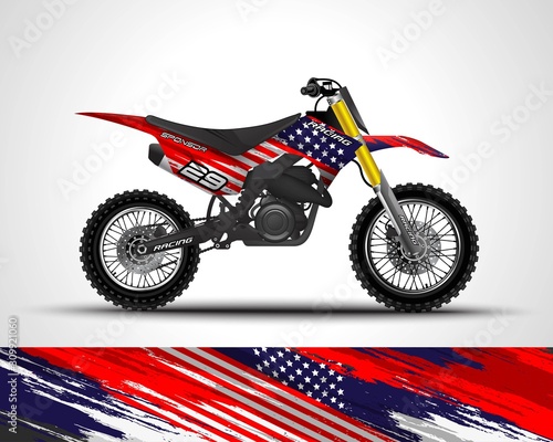 Racing motorcycle wrap decal and vinyl sticker design. Concept graphic abstract background for wrapping vehicle, motorsports, Sportbikes, motocross, supermoto and livery. Vector illustration. American