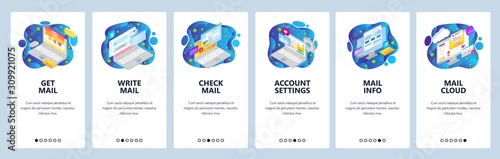 Mobile app onboarding screens. Business emails, write and send message, cloud service. Menu vector banner template for website and mobile development. Web site design flat illustration