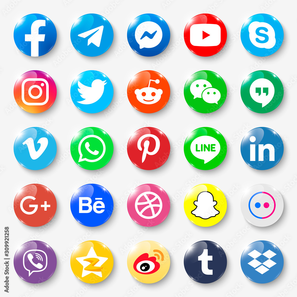 Realistic Collection Of Popular Social Glass Icons With Shadow For Social Networks Facebook Instagram Twitter Viber Whatsapp Skype Youtube Telegram Messenger Snapchat Pinterest Stock Vector Adobe Stock