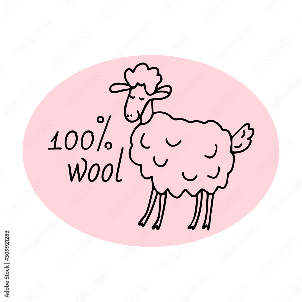 100% wool clothing label with a cute sheep. Knitting clothes concept in doodle sketch isolated outline. Hand drawn vector illustration in black ink on white background. 100% wool clothing label with a cute sheep. Knitting clothes concept in doodle sketch isolated outline. Hand drawn vector illustration in black ink on white background.