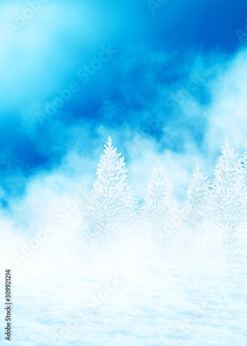 Winter landscape. Snowy pine forest, fog. Neon glow, rays of light © Laura Сrazy