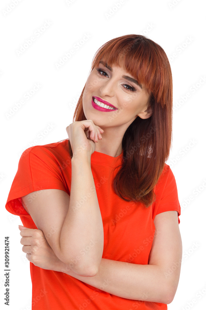Portrait Of Beautiful Smiling Woman In Orange Shirt Portrait Of Beautiful Smiling Woman In Orange Shirt