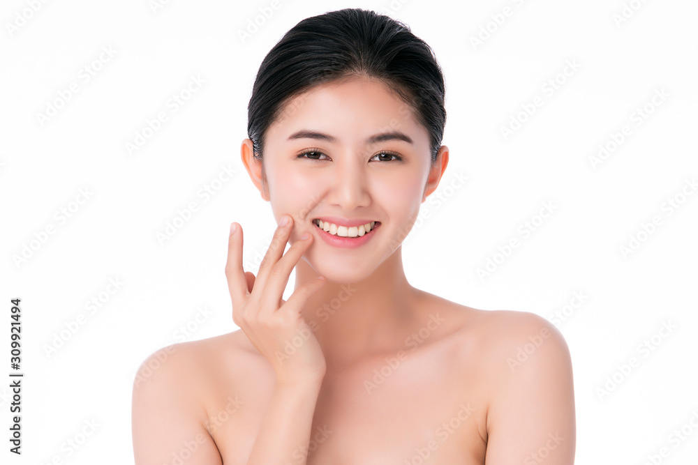 Beautiful Young Asian Woman with Clean Fresh Skin. Face care, Facial treatment, on white background, Beauty and Cosmetics Concept. Beautiful Young Asian Woman with Clean Fresh Skin. Face care, Facial treatment, on white background, Beauty and Cosmetics Concept.