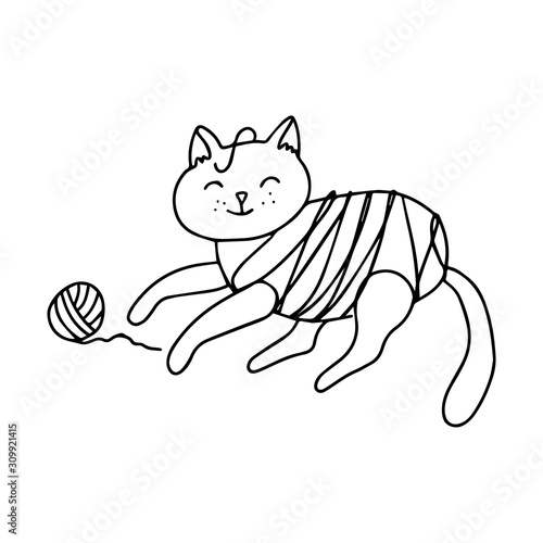 A yarn tangled cat is playing with the clew. Hand drawn vector illustration in black ink on white background. Knitting hobby element in doodle sketch isolated outline.