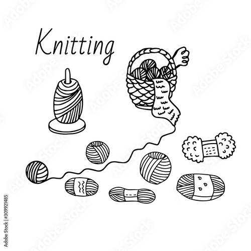 A wicker basket with clews, knitting needles, different sorts of yarn. Favorite hobby concept, knitting handmade work.Vector illustration    isolated on white. Doodle sketch style, outline.