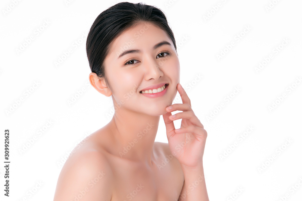 Beautiful Young Asian Woman with Clean Fresh Skin. Face care, Facial treatment, on white background, Beauty and Cosmetics Concept. Beautiful Young Asian Woman with Clean Fresh Skin. Face care, Facial treatment, on white background, Beauty and Cosmetics Concept.